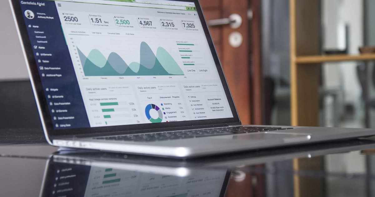 Business analytics dashboard with charts and data visualizations.